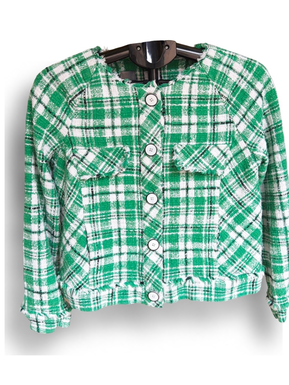 Cabi Sophia Library Jacket 5653 Green White Plaid Tweed Fringe Crop Blazer L